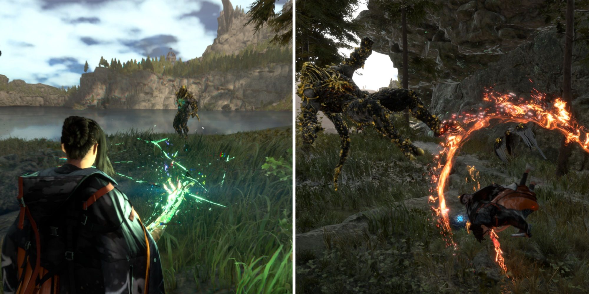 Frey Charging Green Magic In Front Of Enemy, Then Frey Hitting Enemy Into The Air With A Jumping Arc Slice Spell