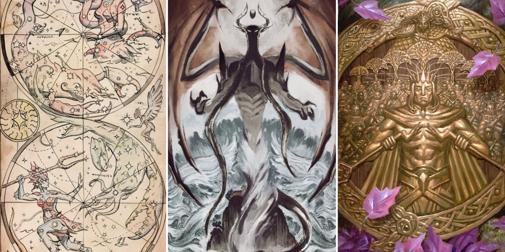 Artwork from three different saga cards in Magic: the Gathering.