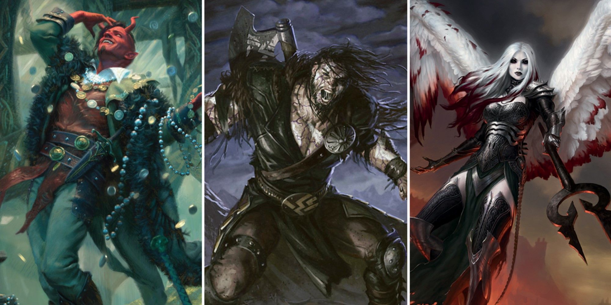 Artwork from three different double-faced cards from Magic: The Gathering.