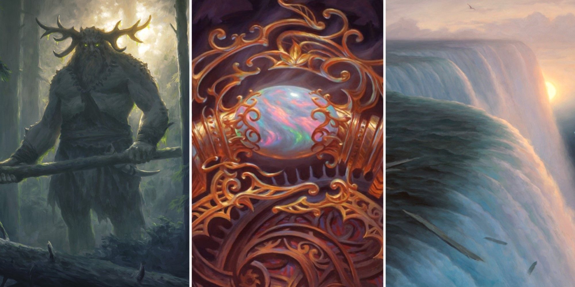Artwork by Chris Rahn, from the MTG cards Primeval Titan, Mox Opal, and Voyage’s End.