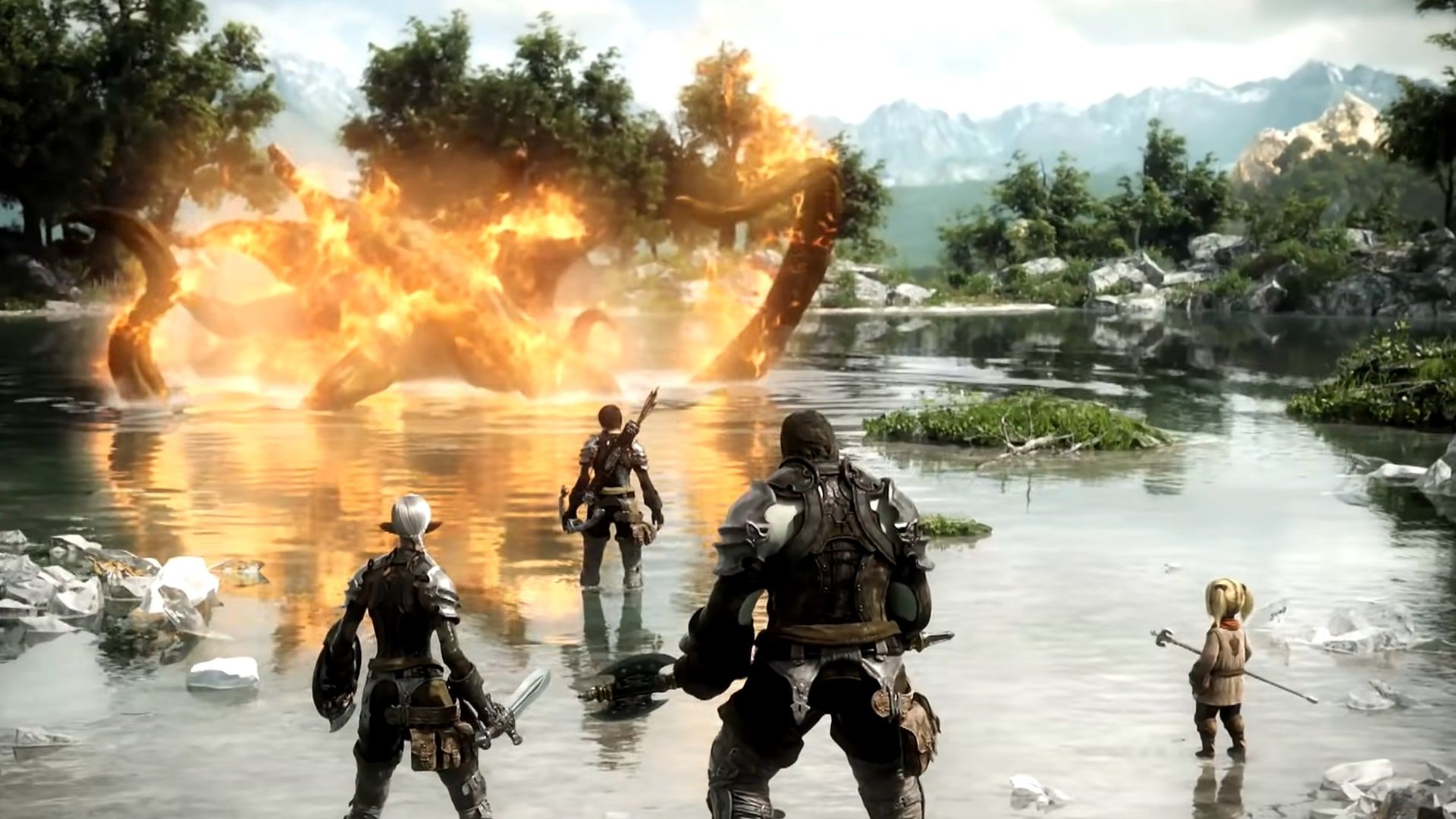 final fantasy 14 version one a party fights a flaming creature