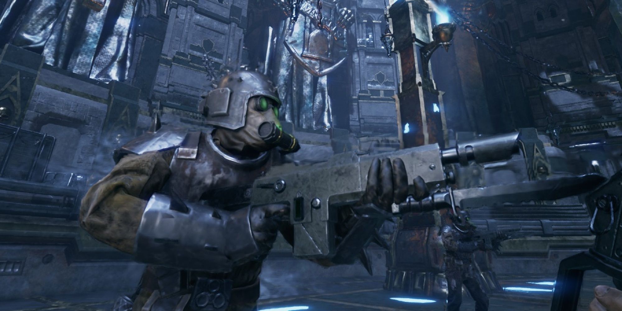 Close up of a flak armored shooter in Darktide