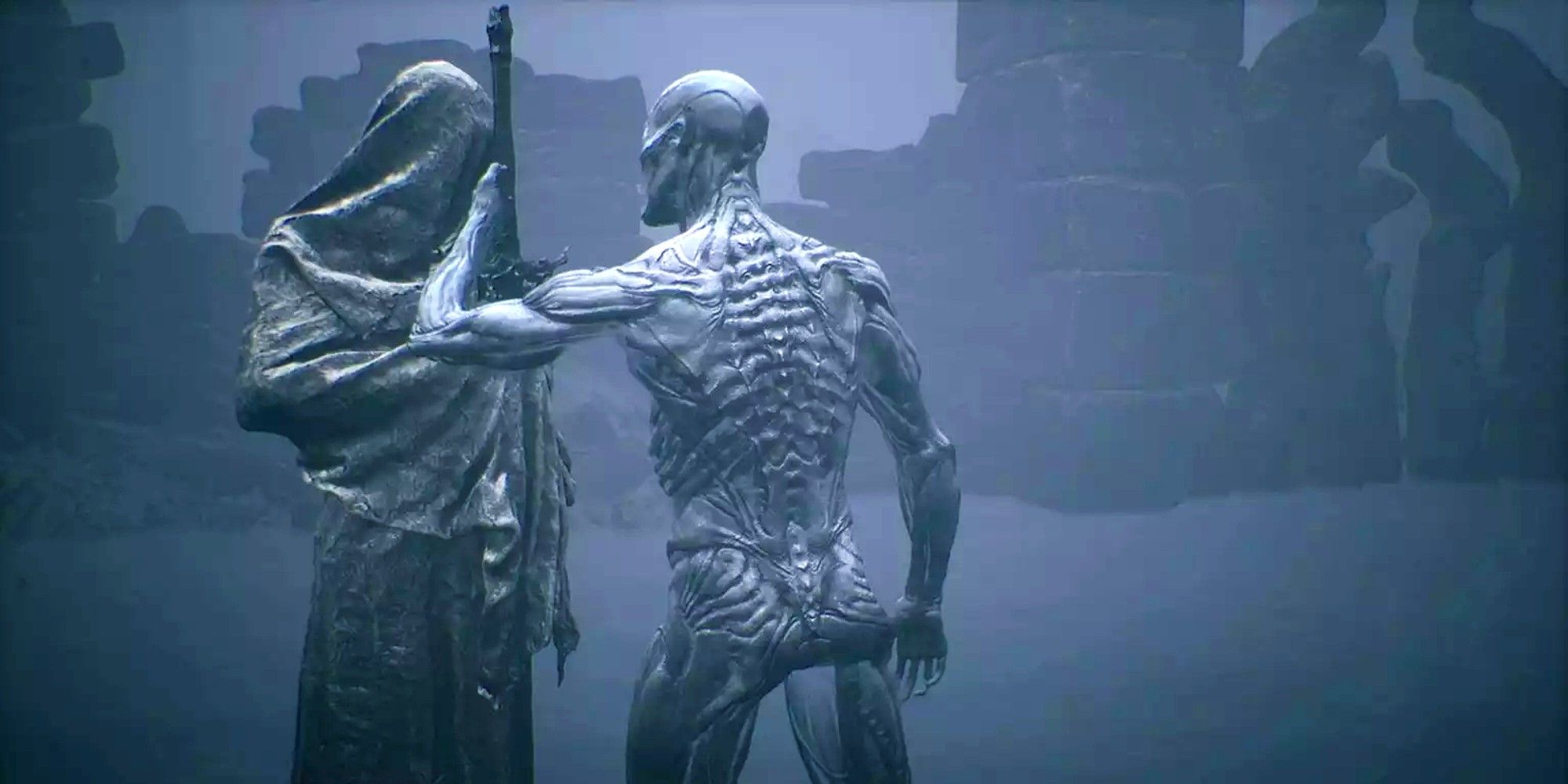 Foundling touches a statue that holding a new sword - Mortal Shell