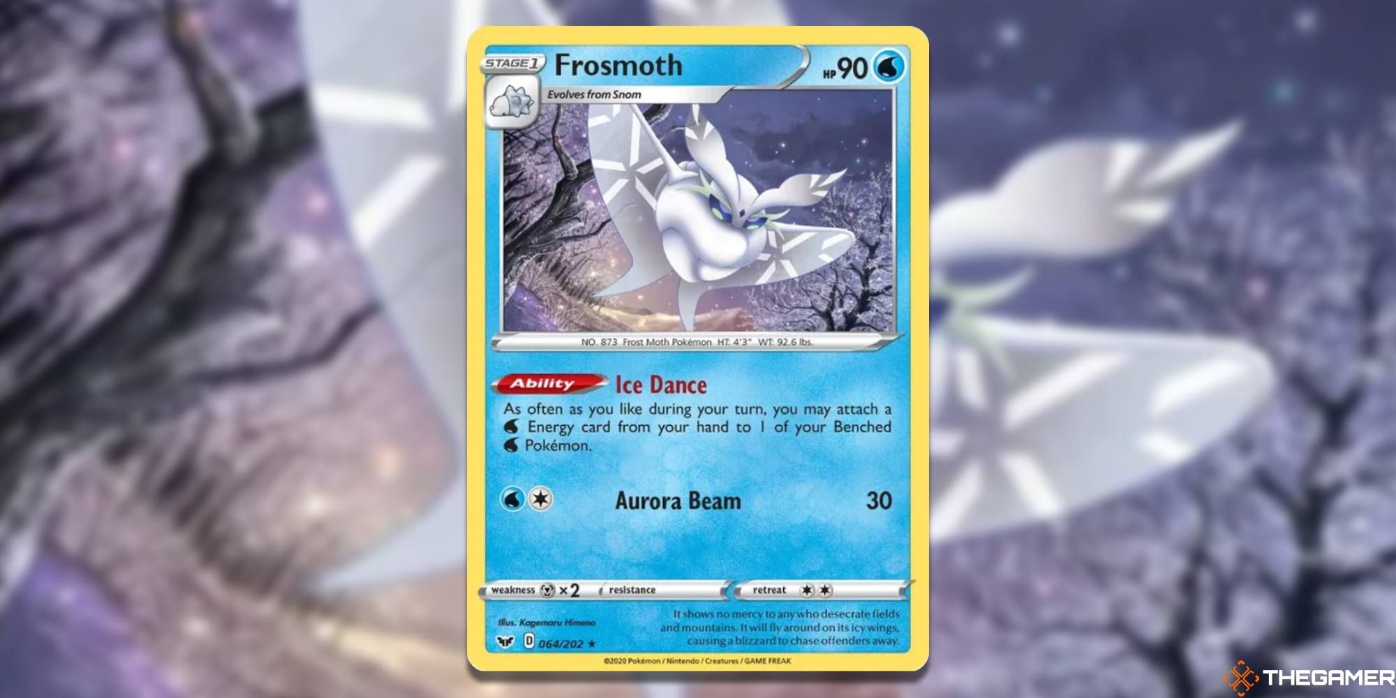 Pokemon TCG: Frosmoth from Sword and Shield base set, with blurred background
