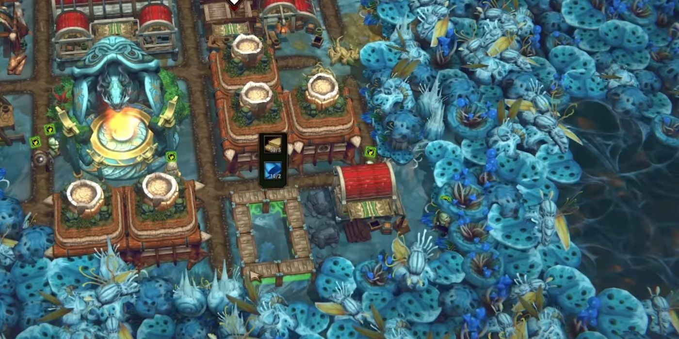 A settlement surrounded by blue mushroom trees. These trees produce both wood and mushrooms