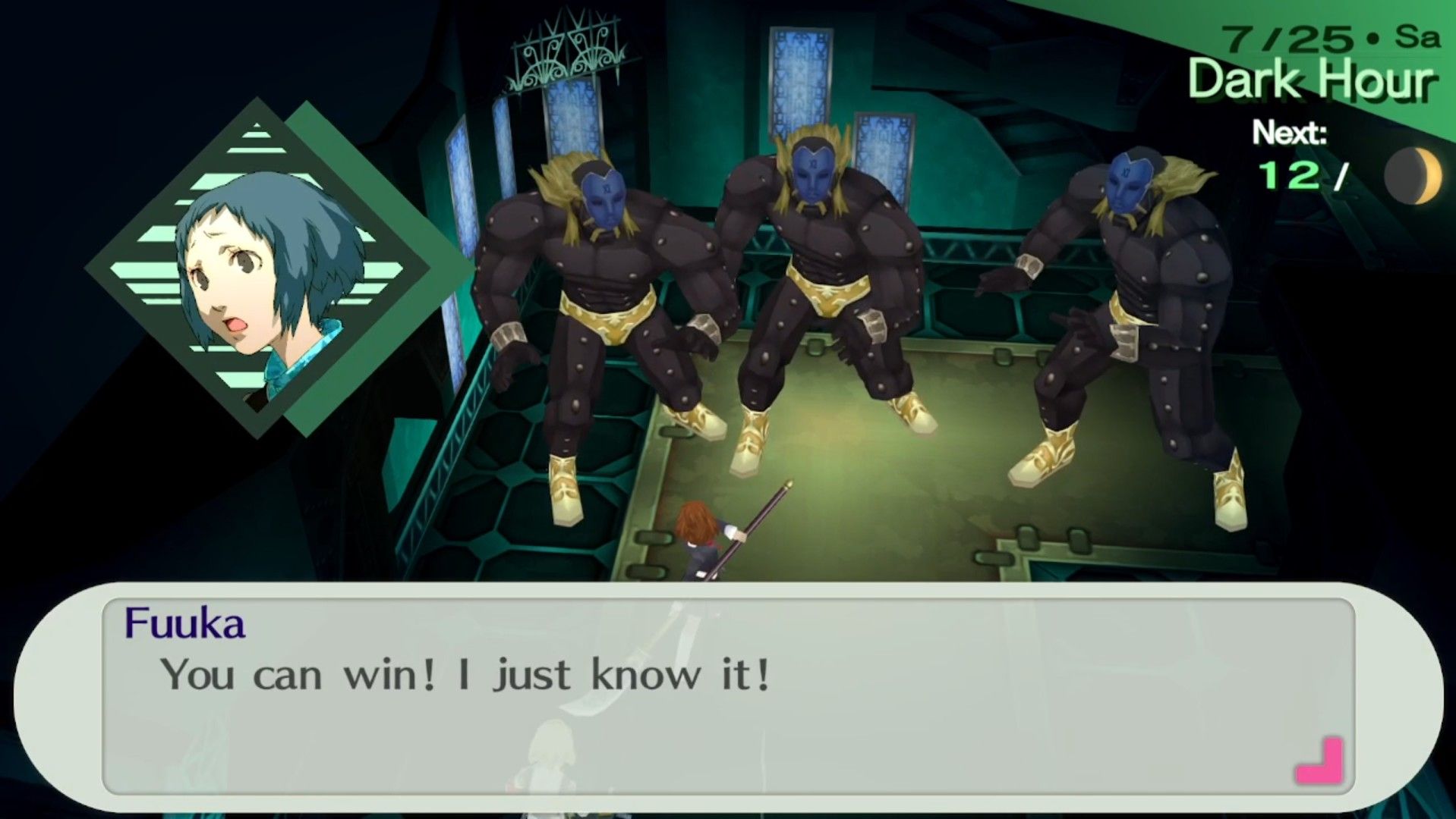 fuuka cheering on the female protagonist before she engages the furious gigas enemies in battle in persona 3 portable
