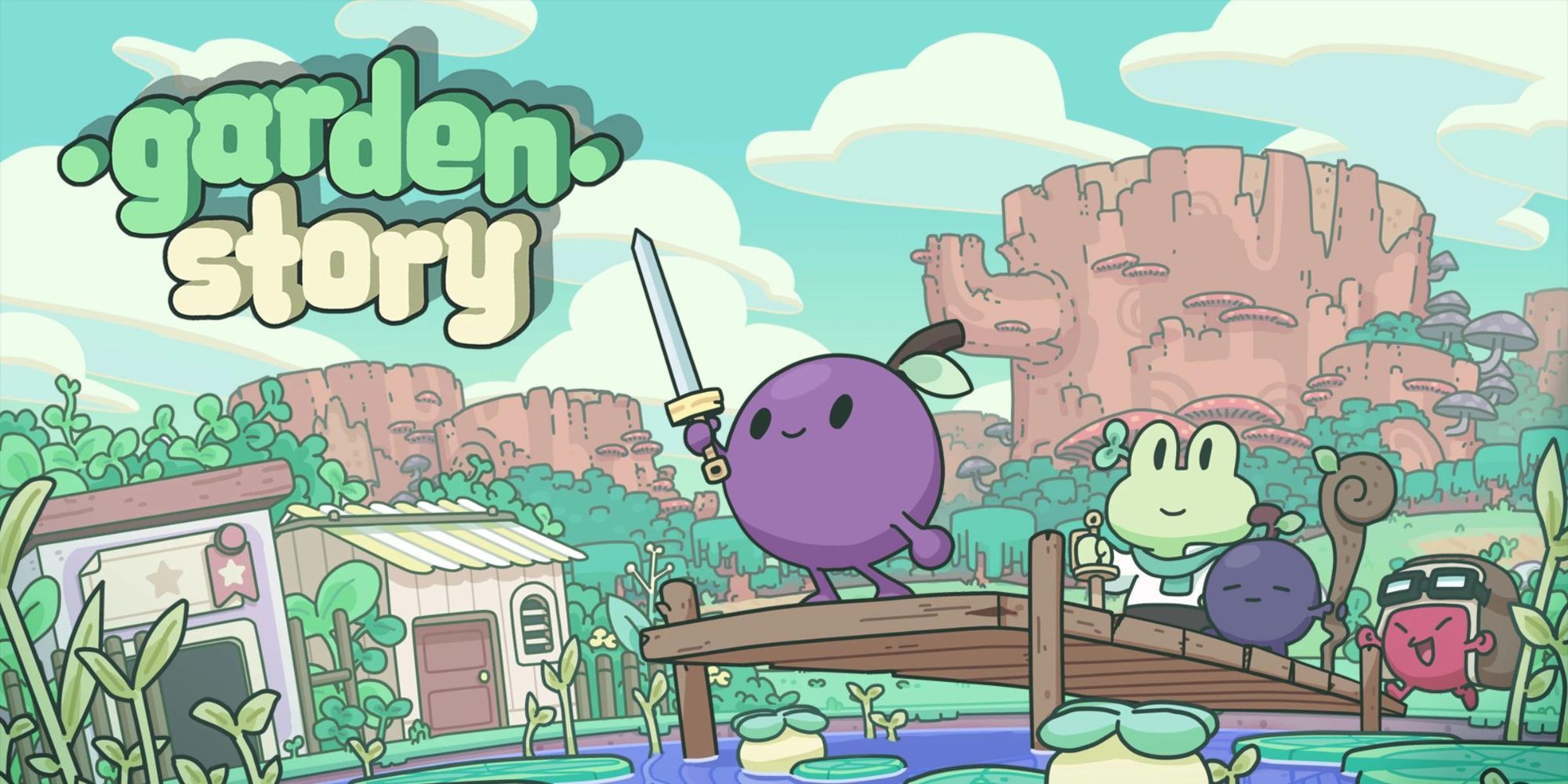 Garden Story promo art: protagonist grape stand valiantly on a dock.