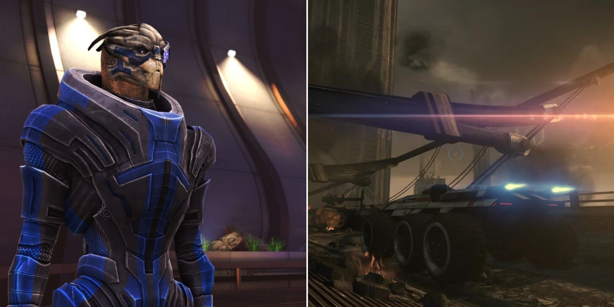 Garrus Vakarian And The M35 MAKO Speeding Along A Bridge In Mass Effect Legendary Edition