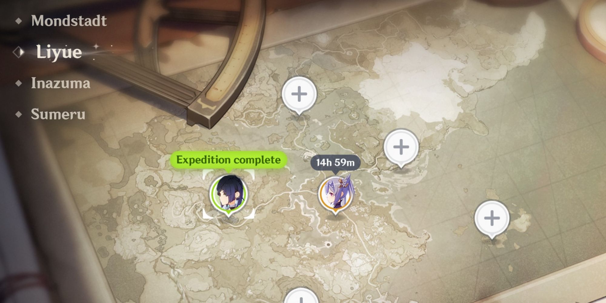 An image of Genshin Impact Expeditions, showcasing the map of Liyue and the multiple expeditions characters can be sent on.