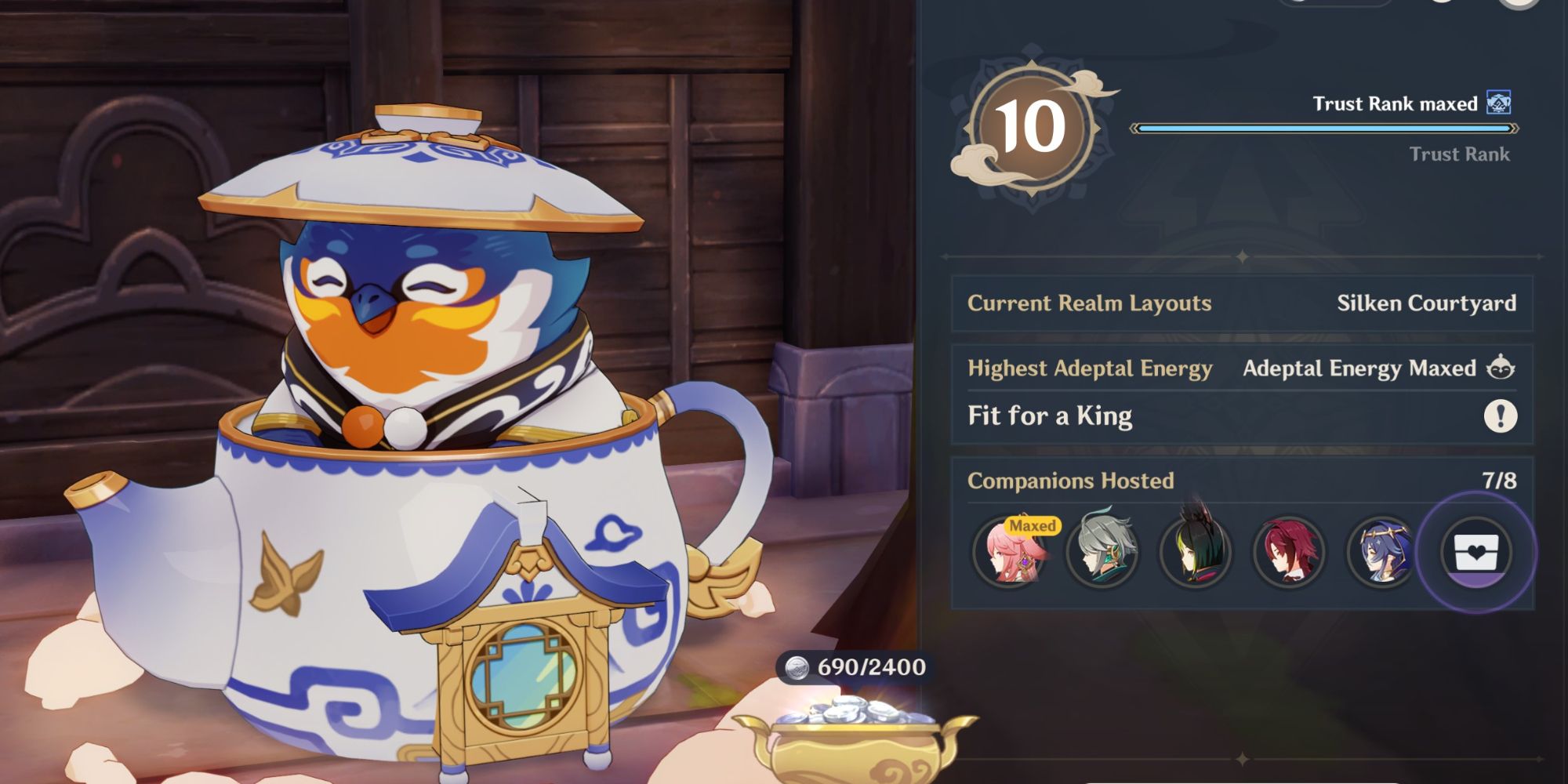 An image of the Genshin Impact Teapot Rewards, showcasing the silver realm currency and the purple friendship experience 