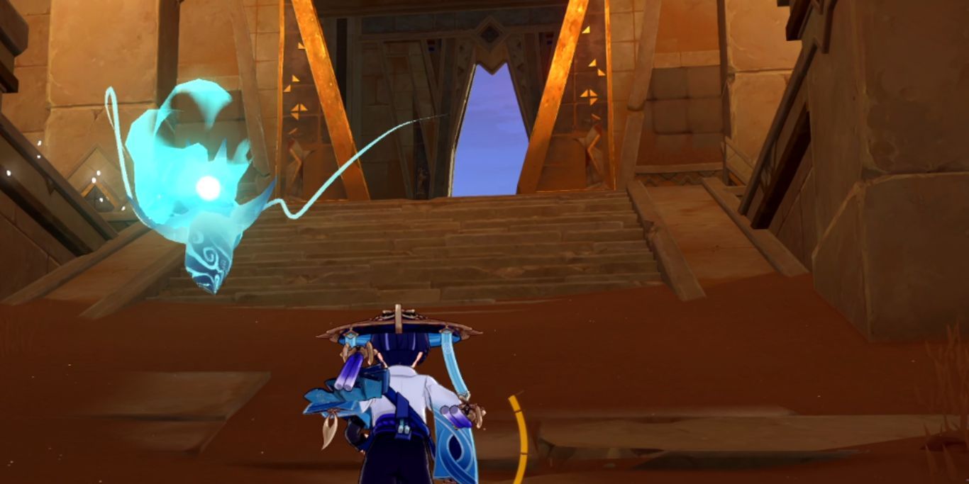 Genshin Impact Wanderer Going Up The Stairs With Seelie