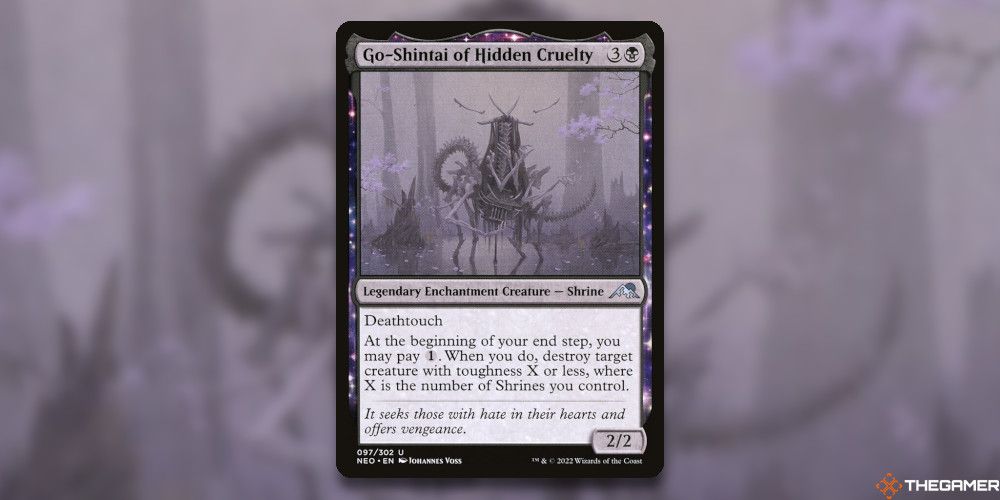 Go Shintai Of Hidden Cruelty Card In front of Card Art Blurred MTG TCG