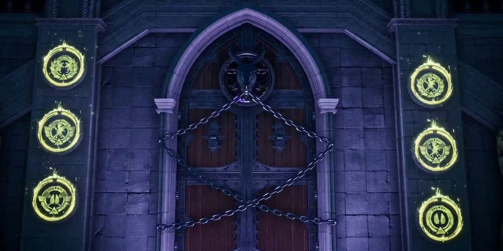 Goat Simulator 3 Door To Portal Room with pillars on either side of the door, 3 circular yellow runes on each