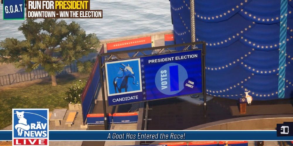 blue sign with pilgor on it, overlay that mimics news channel reporting with banner text saying "A Goat Has Entered the Race"
