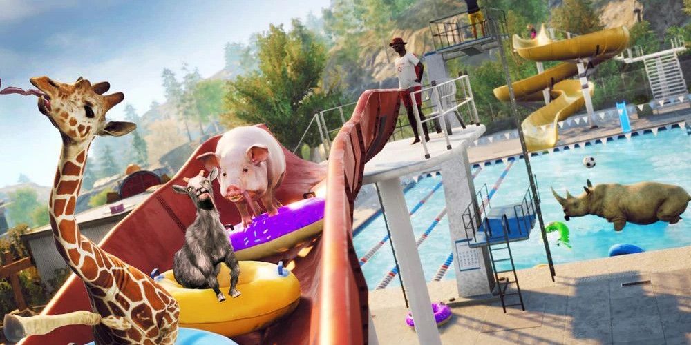 From left to right, tall goat, pilgor, tasty goat going down water slide on tubes. Angry goat in pool behind them