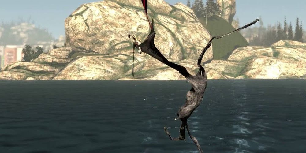 Pilgor's model being stretched out beyond its limits over water in front of mountainous terrain
