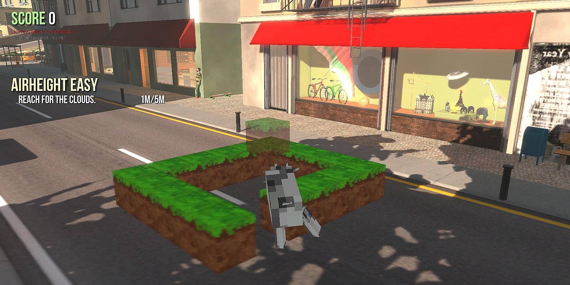 A blocky goat builds with Minecraft dirt blocks in Goat Simulator