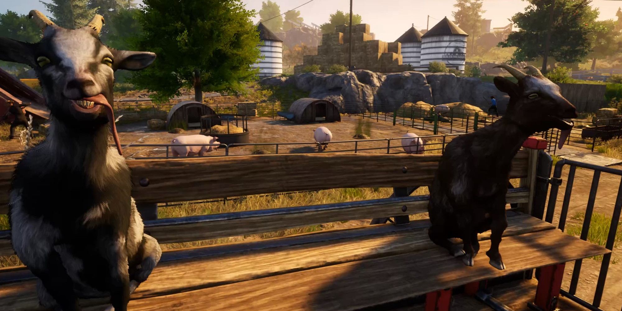 2 goats on wooden cart in image of skyrim intro, in front of large pen of pigs