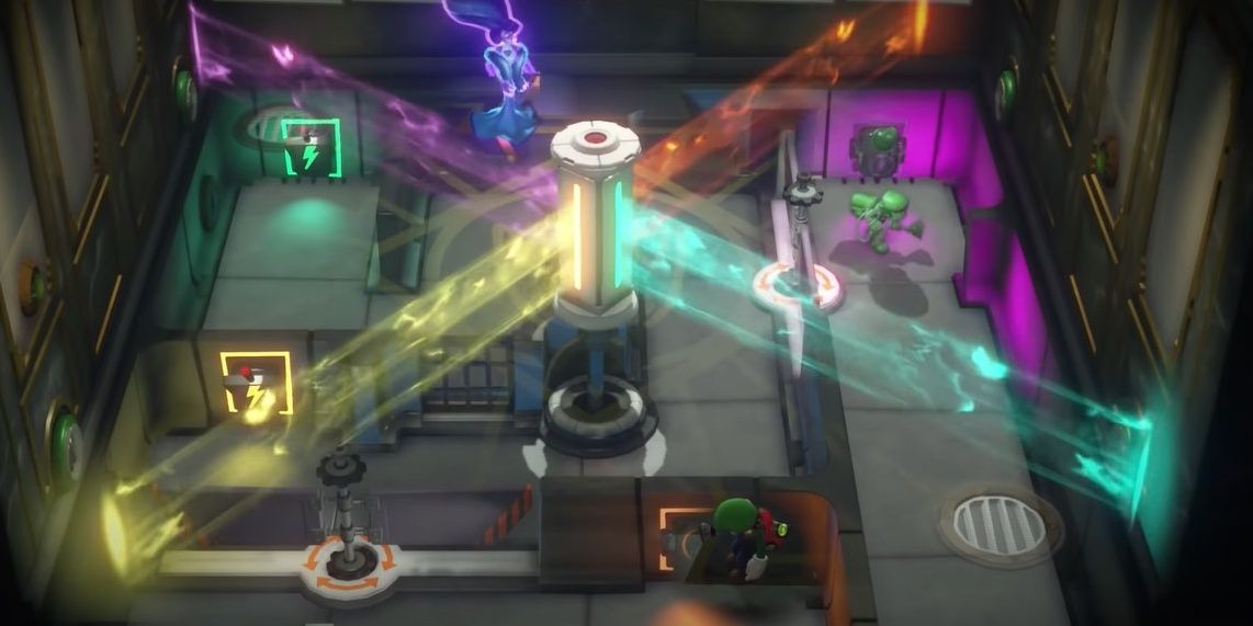 Gooigi pulling the purple switch in the lower level