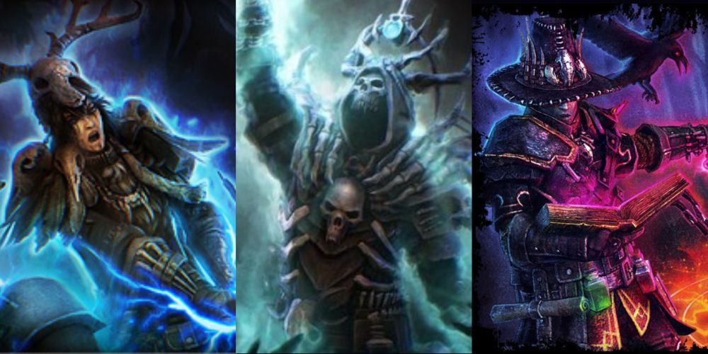 Grim Dawn Shaman on left, middle Necromancer, Occultist on right