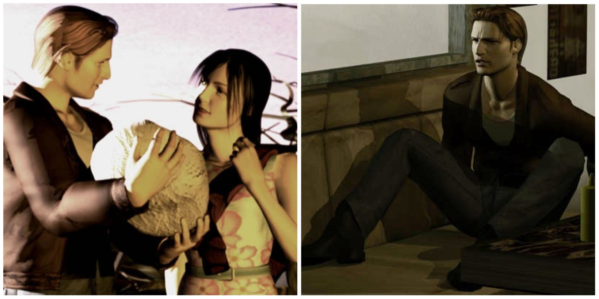 Harry, Cheryl, and Jodie Mason in Silent Hill and Harry sitting on the ground