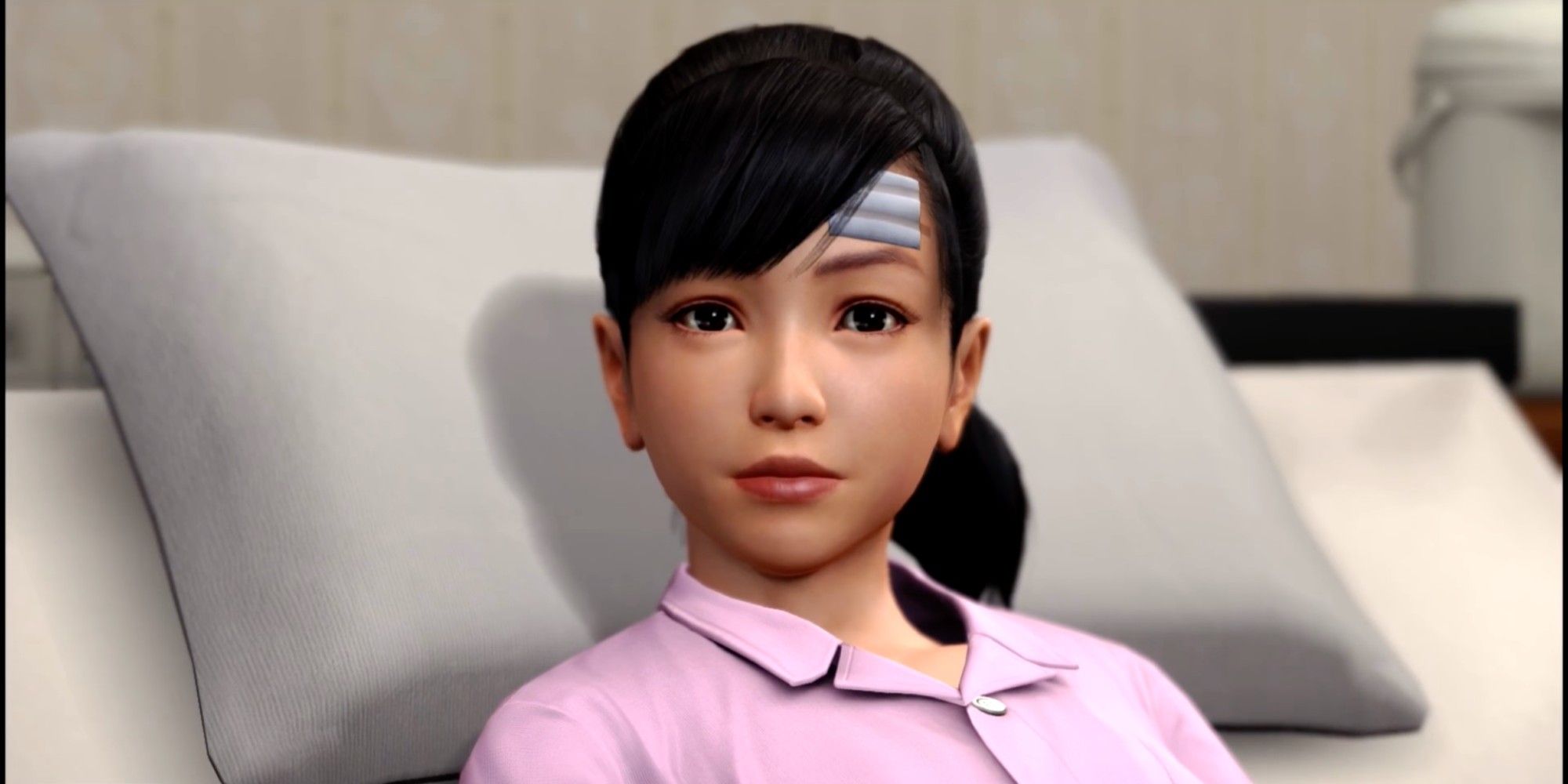 Kiryu's adopted daughter Haruka lies in a hospital bed with a bandage on the left side of her forehead