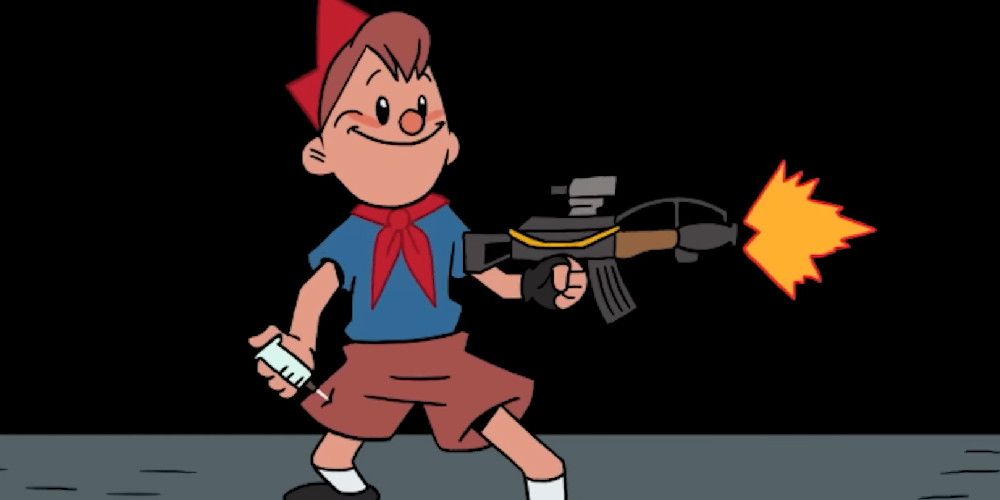 Juggler Skill ANimation from Atomic Heart, Pioneer holding ak47 and sticking syringe into leg