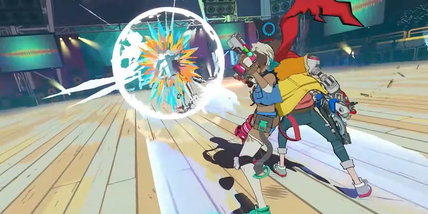 Hi-Fi Rush screenshot of Chai and Peppermint back-to-back firing at an enemy during the Double Riff special attack
