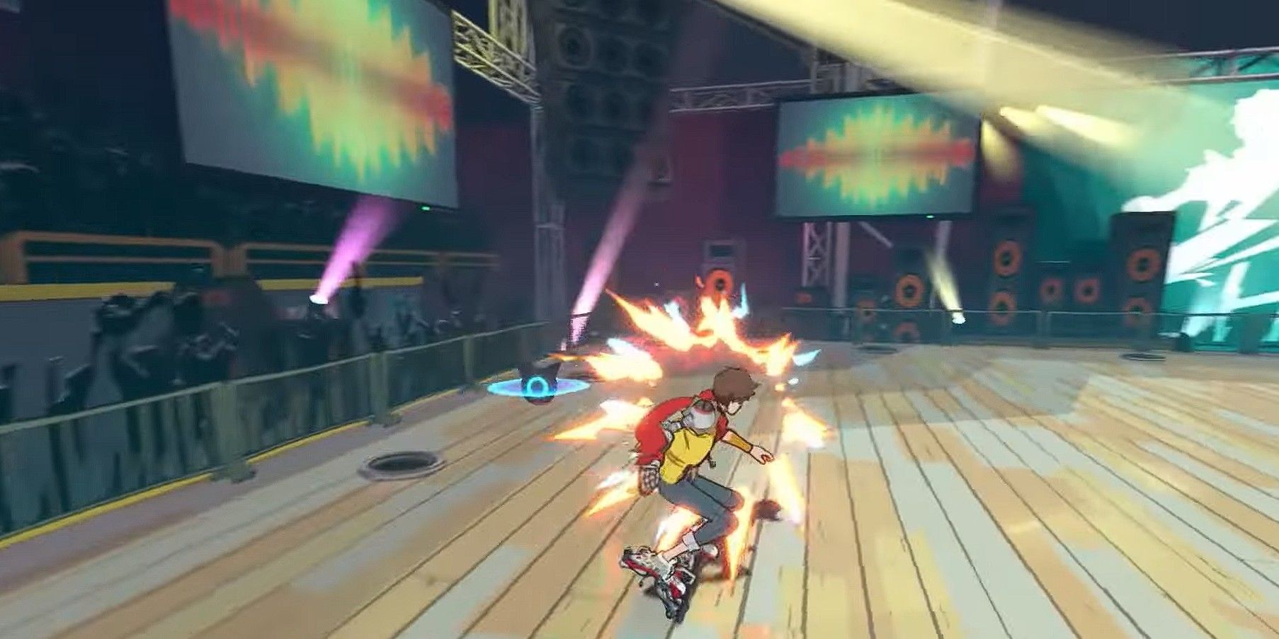 Hi-Fi Rush screenshot of Chai riding his guitar during the Guitar Ride special attack