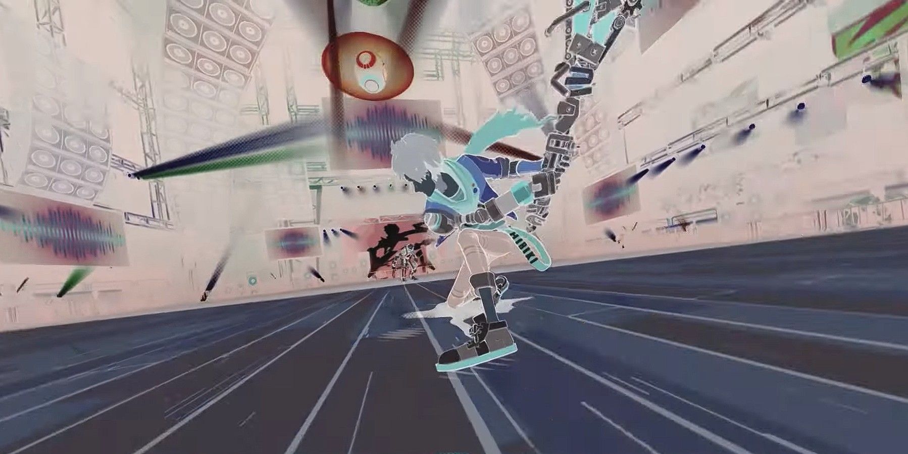 Hi-Fi Rush screenshot of Chai in inverted colors preparing to unleash the Overdrive Slash special attack