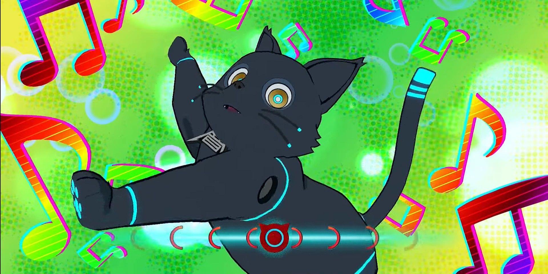 Hi-Fi Rush screenshot of 808 striking a pose during the Steal The Show special attack