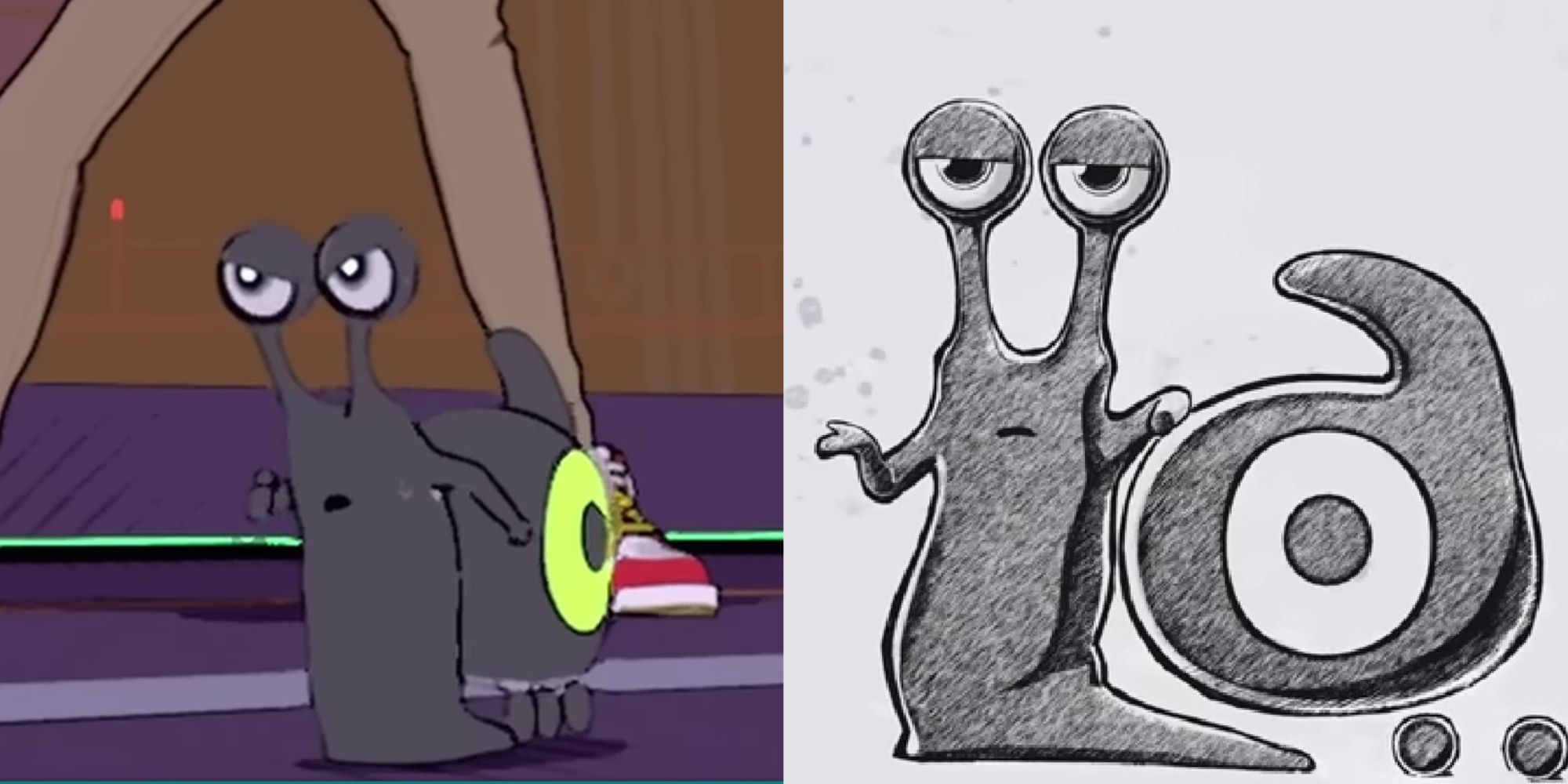 Hi-fi Rush screenshot of the Tango Dreamworks snail angrily marching forward (left) and the Tango Dreamworks logo (right)
