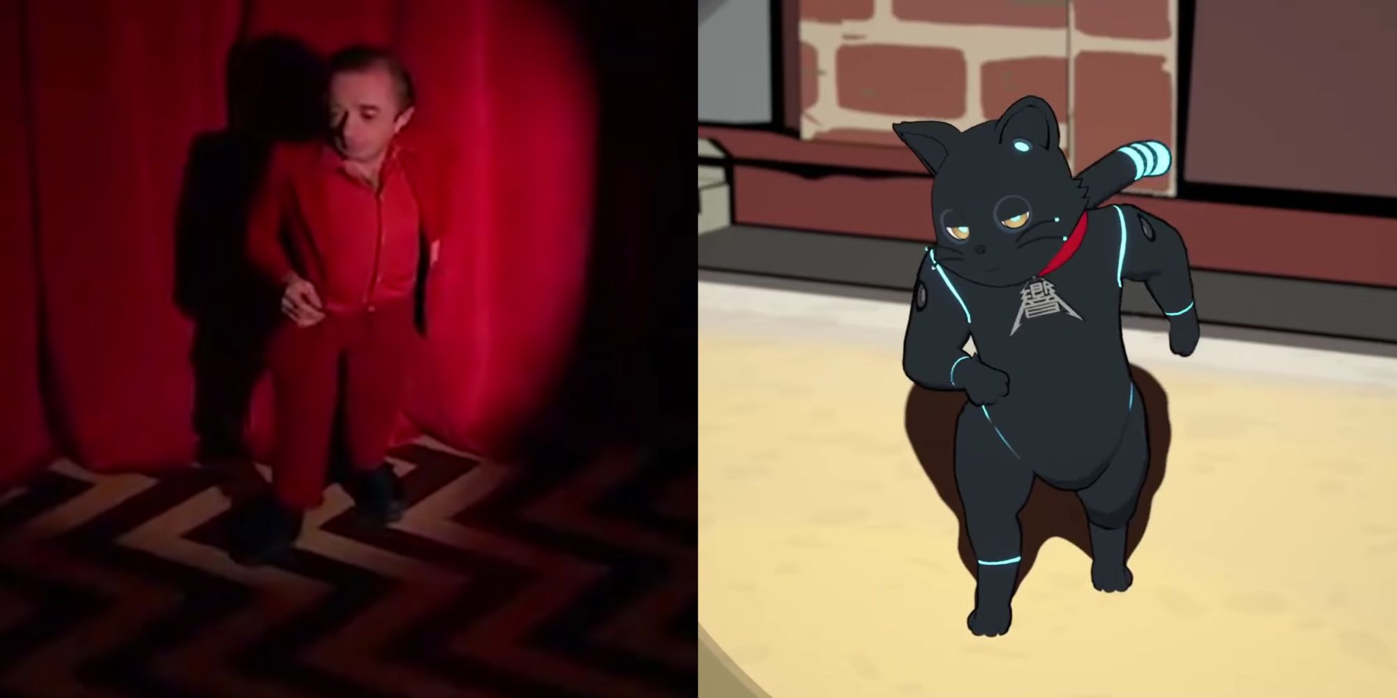 Screenshot from Twin Peaks showing a man in red dancing in front of a curtain (left), and a screenshot from Hi-Fi Rush showing 808 the cat referencing his dance (right)