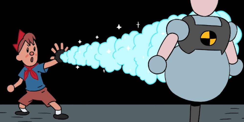 Pioneer From Atomic Heart Blasting Dummy WIth Ice From Range