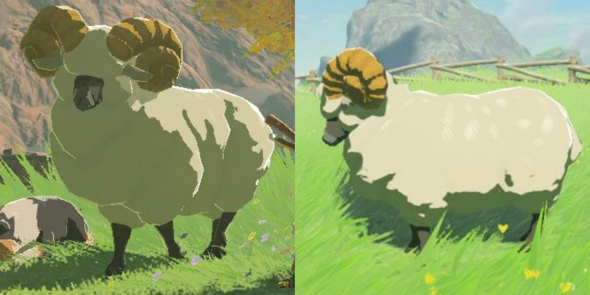 Split image screenshots of the Highland Sheep facing forwards next to a dog, and the sheep facing the left in Breath of the Wild.