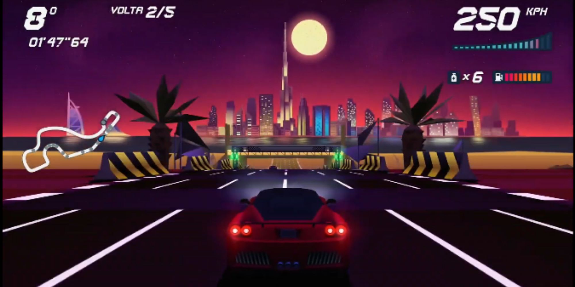 Horizon Chase Turbo Arabian Nights map in Dubai with a dark purple sunset