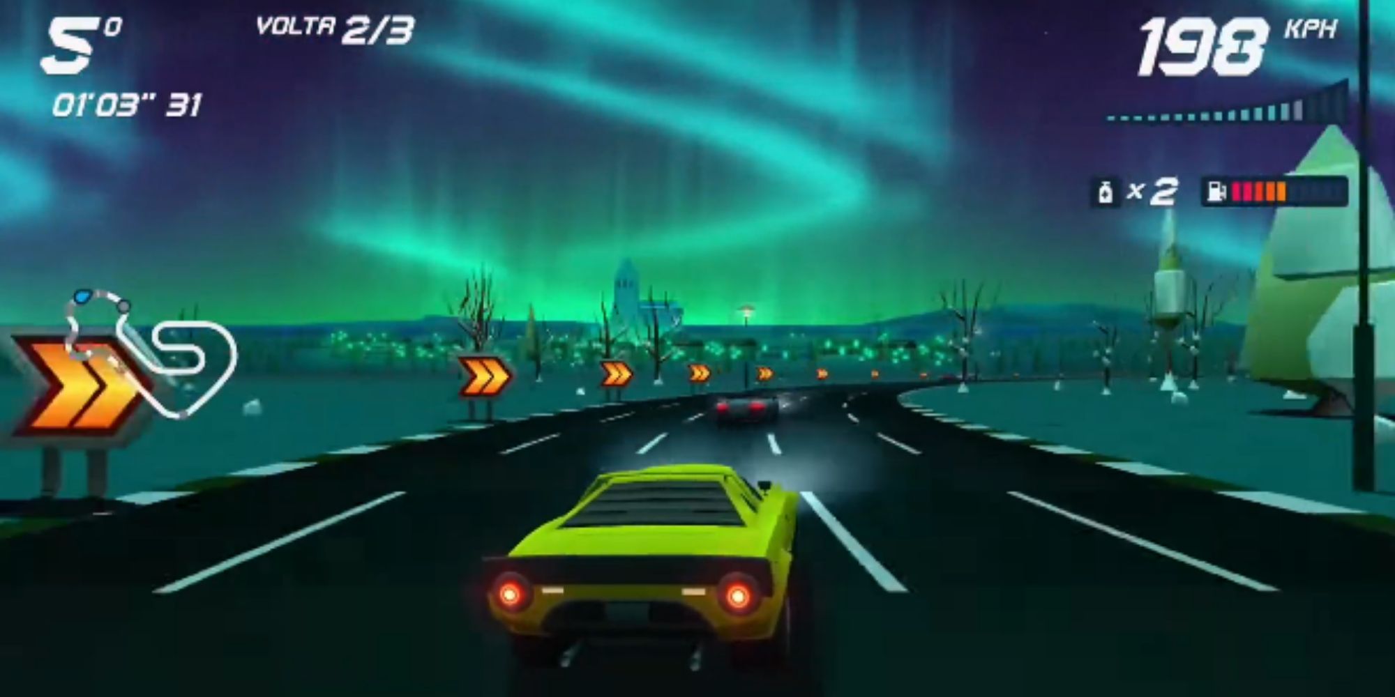 Horizon Chase Turbo map in Iceland with snow and an aurora in the sky 