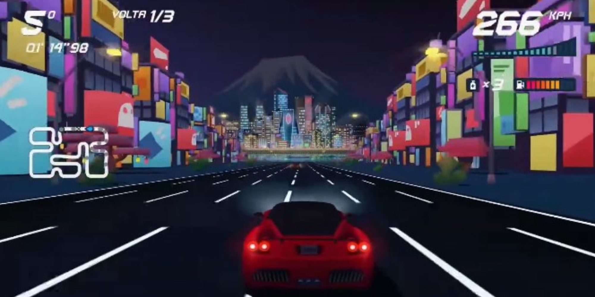 Horizon Chase Turbo Electric Town, a map in Japan with harsh turns and an electric cityscape