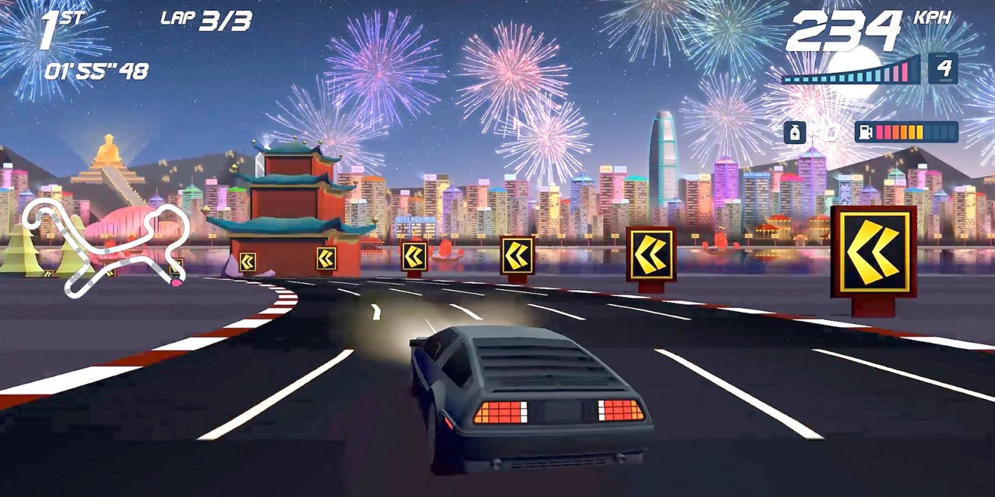 Horizon Chase Turbo New Year map in China featuring fireworks and a lunar new year celebration