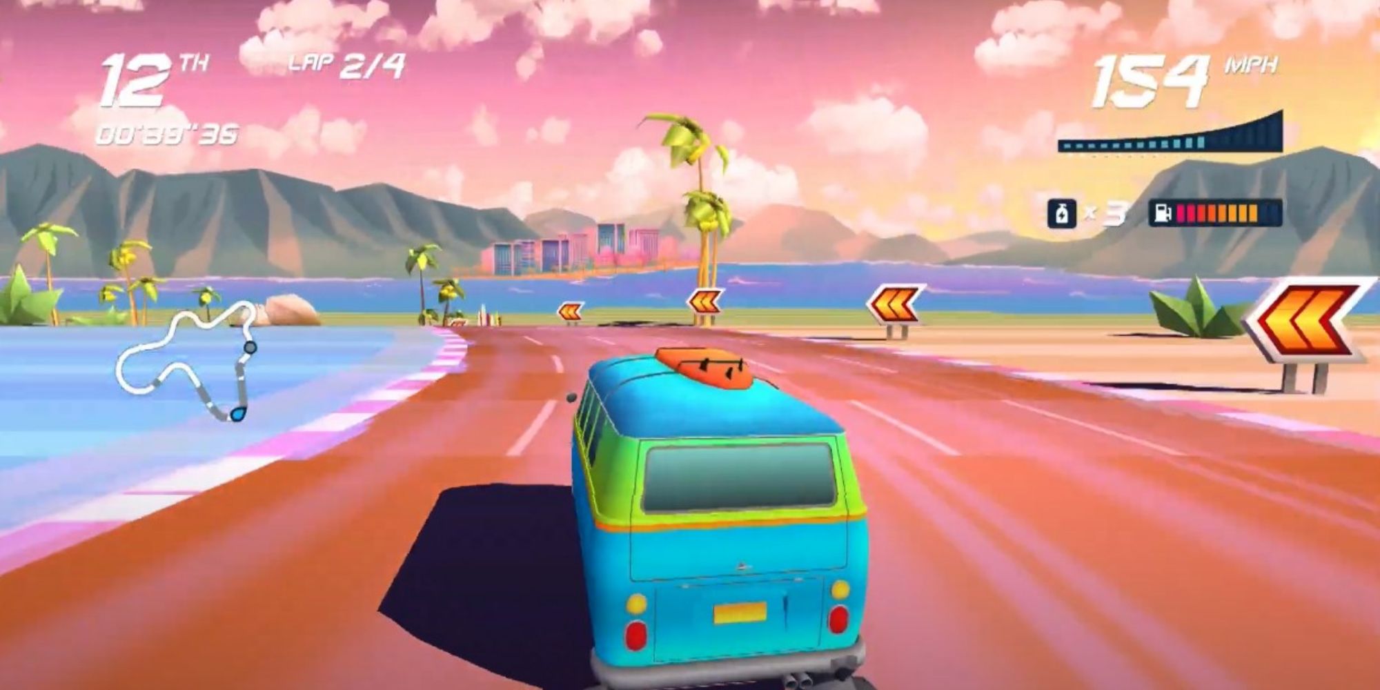 A race track in Horizon Chase Turbo on the beaches of Hawaii during sunset