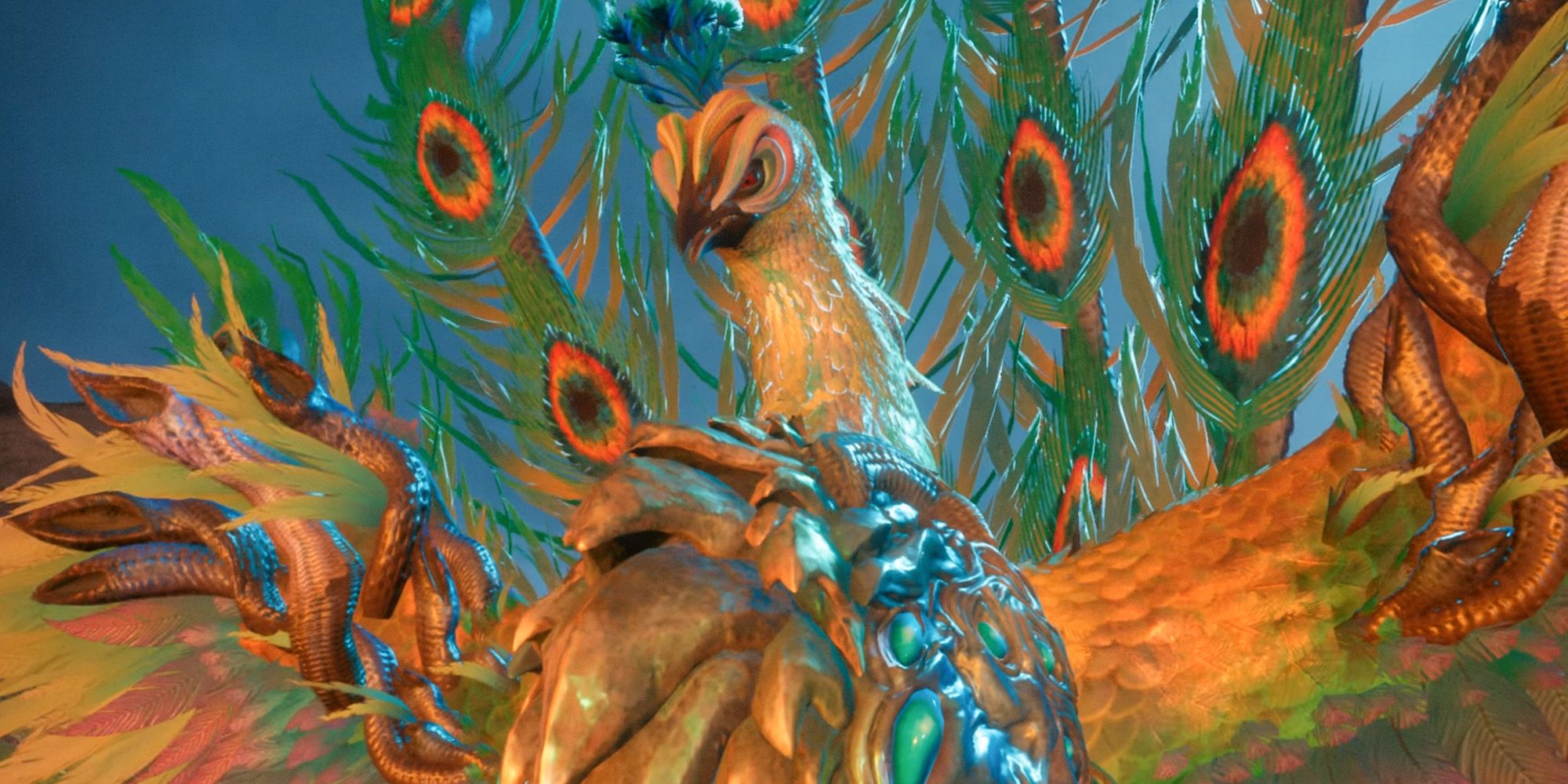 Cutscene showing an Emberplume during the main game. It's a large flying bird with peacock-type feathers in Wild Hearts