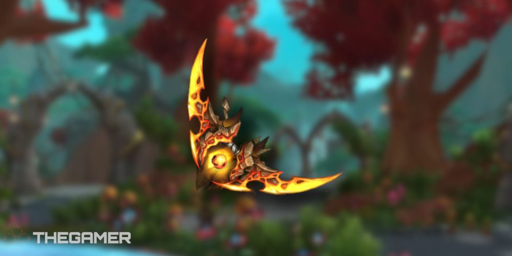 Infused Stormglaives over blurred image of dragon isles