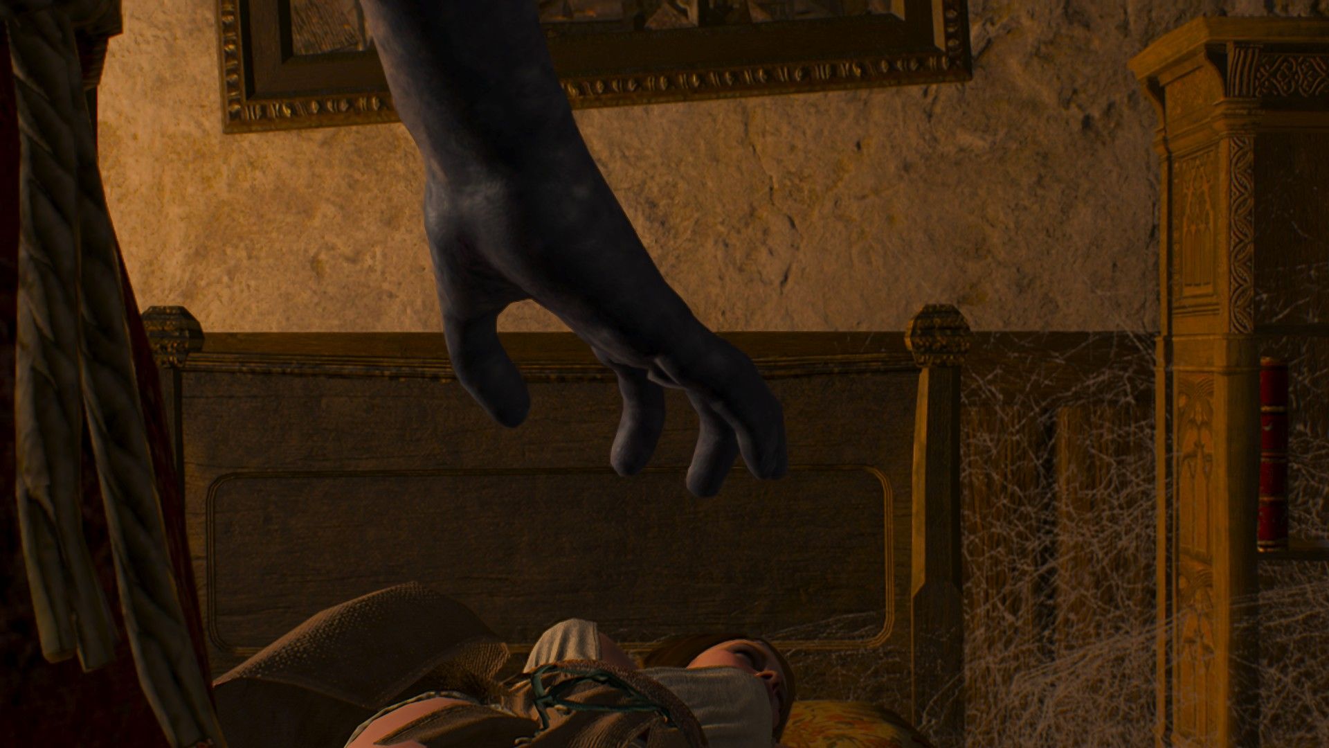 A menacing hand hovers in the foreground as an unconscious woman lays on a bed in the background.