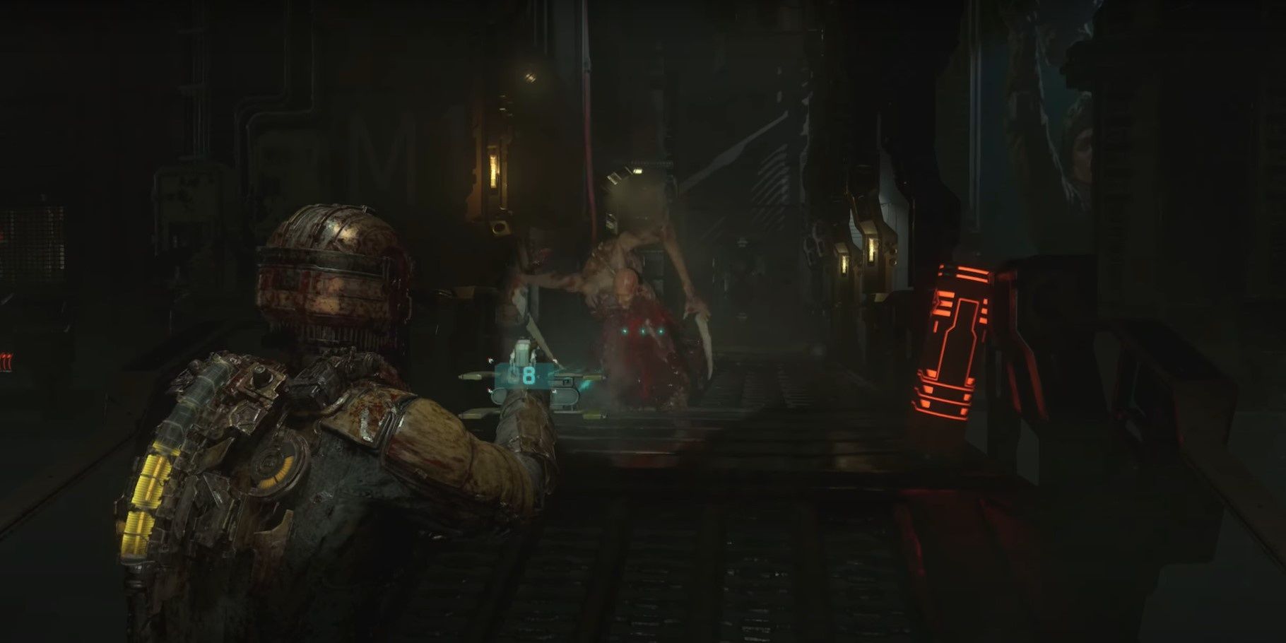Isaac fighting necromorph on the Maintenance Deck in the Dead Space Remake