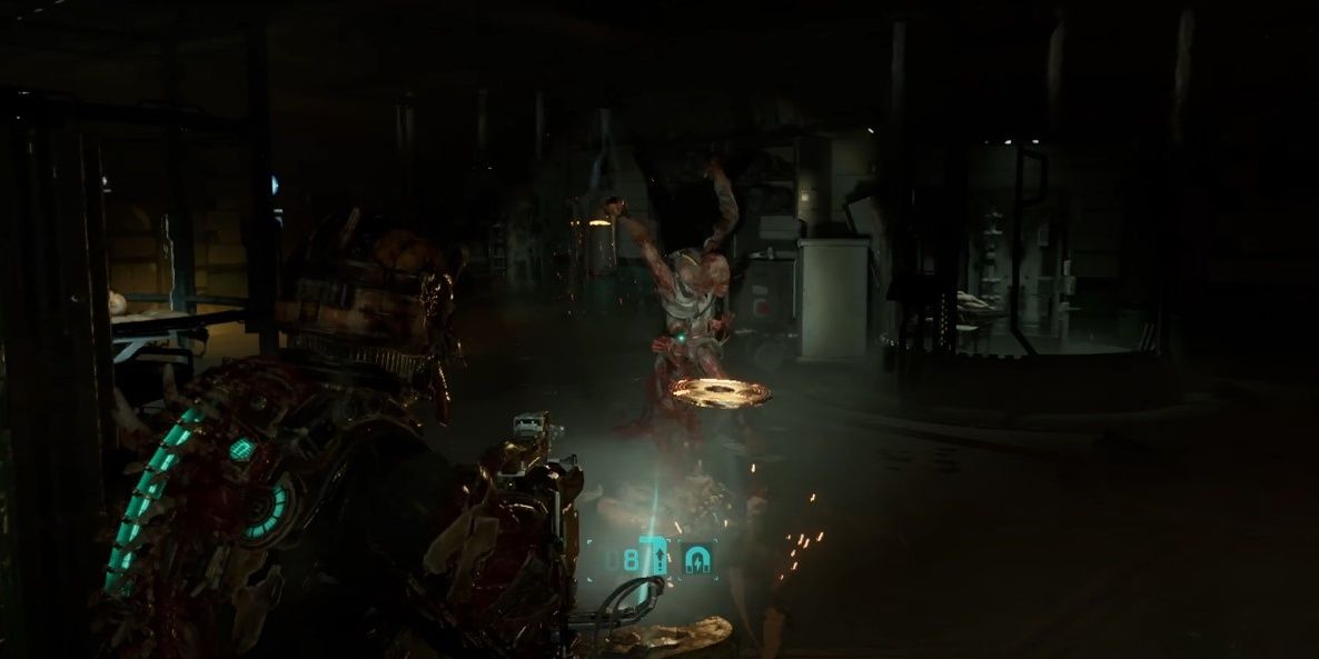 Isaac firing saw discs with Ripper in Dead Space