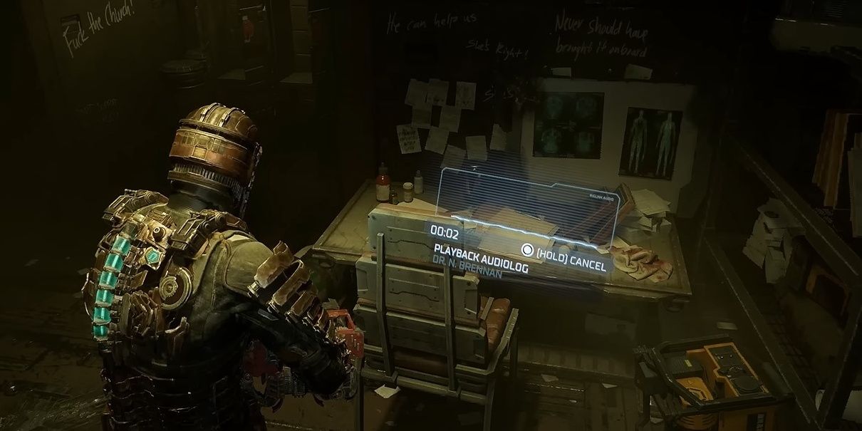 Isaac listening to an audio recording in an office in Dead Space Remake-1