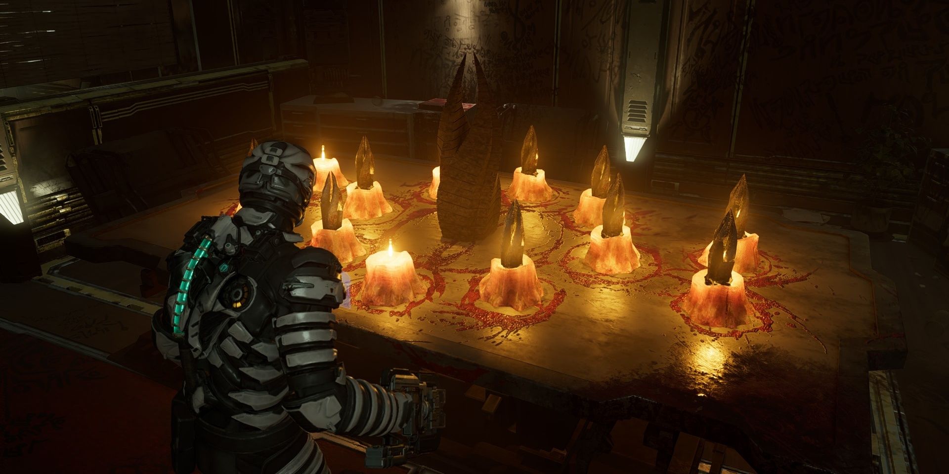 Isaac looking at a table of marker fragments in the Dead Space remake