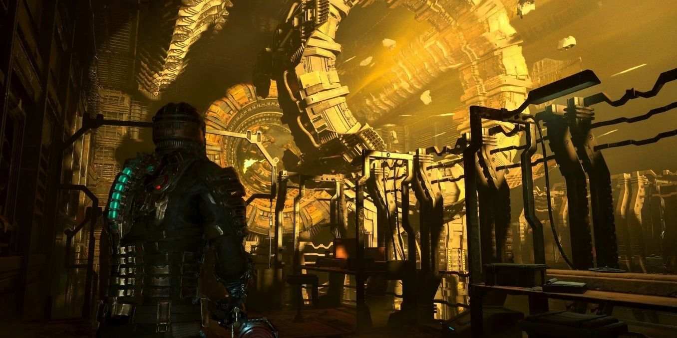 Isaac on the mining deck in the Ishimura in Dead Space remake