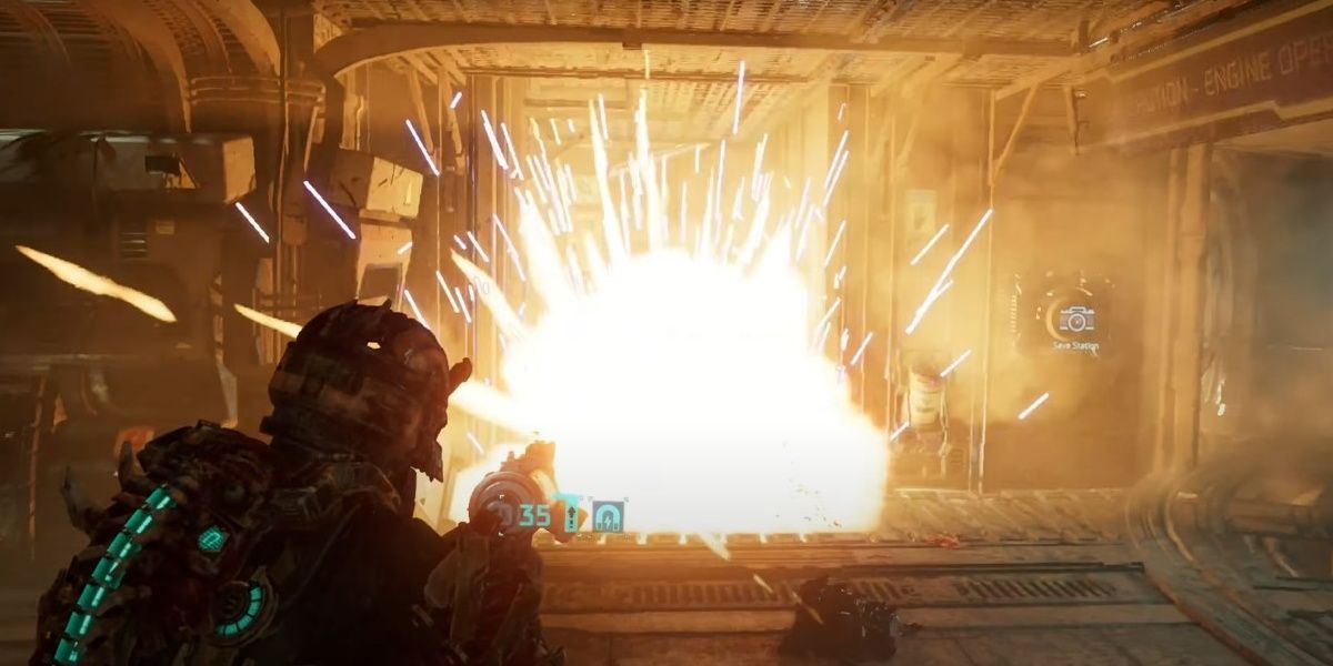 Isaac shooting mine with pulse rifle in Dead Space