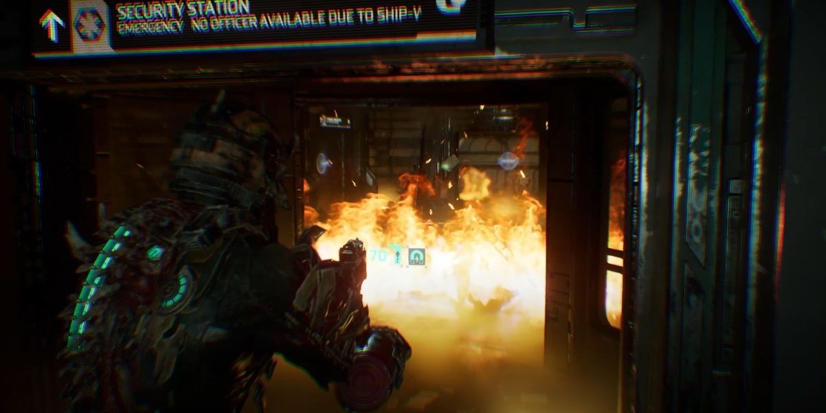 Isaac using flamethrower secondary fire in Dead Space